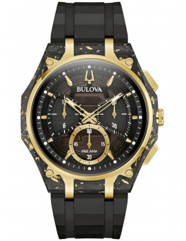 Bulova 98A328 Mens Watch Curv Carbon & Gold Chronograph 44mm 3ATM